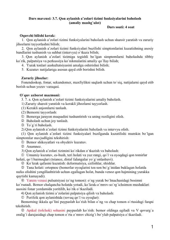 Qon aylanish a’zolari tizimi funksiyalarini baholash