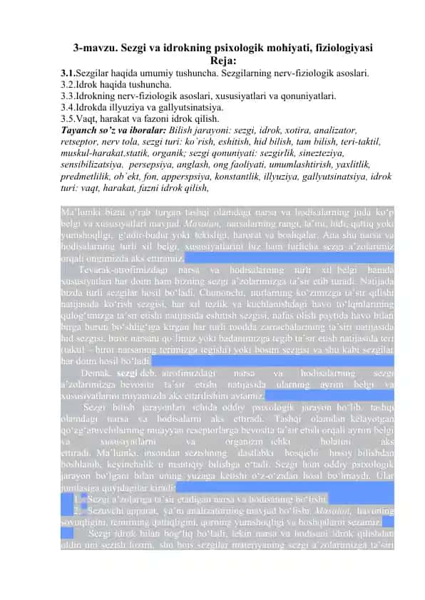 Sezgi va idrokning psixologik mohiyati, fiziologiyasi