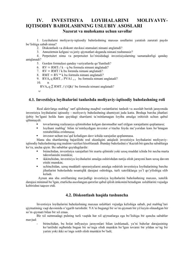 IV. INVЕSTISIYA LОYIHАLАRINI MОLIYAVIY-IQTISОDIY BАHОLАSHNING USLUBIY АSОSLАRI