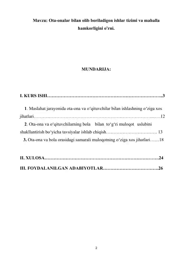 Ota-onalar bilan olib boriladigon ishlar tizimi va mahalla hamkorligi