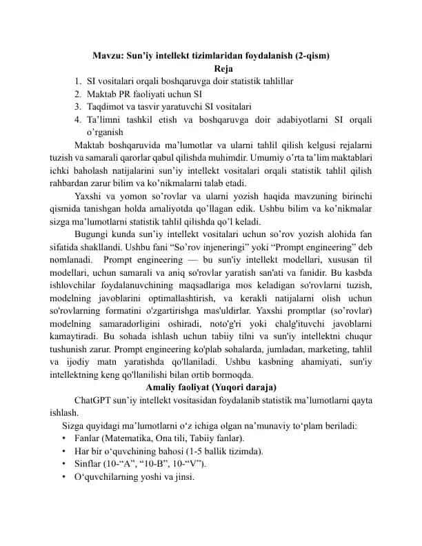 Sun’iy intellekt tizimlaridan foydalanish (2-qism)
