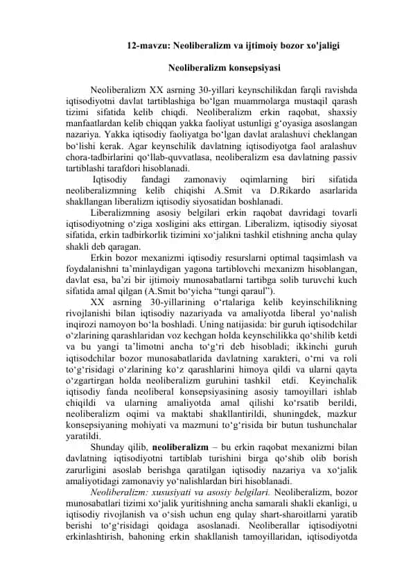 Neoliberalizm va ijtimoiy bozor xo'jaligi haqida taqdimot