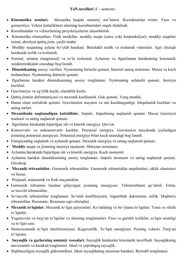 YaN savollari (I – semestr)