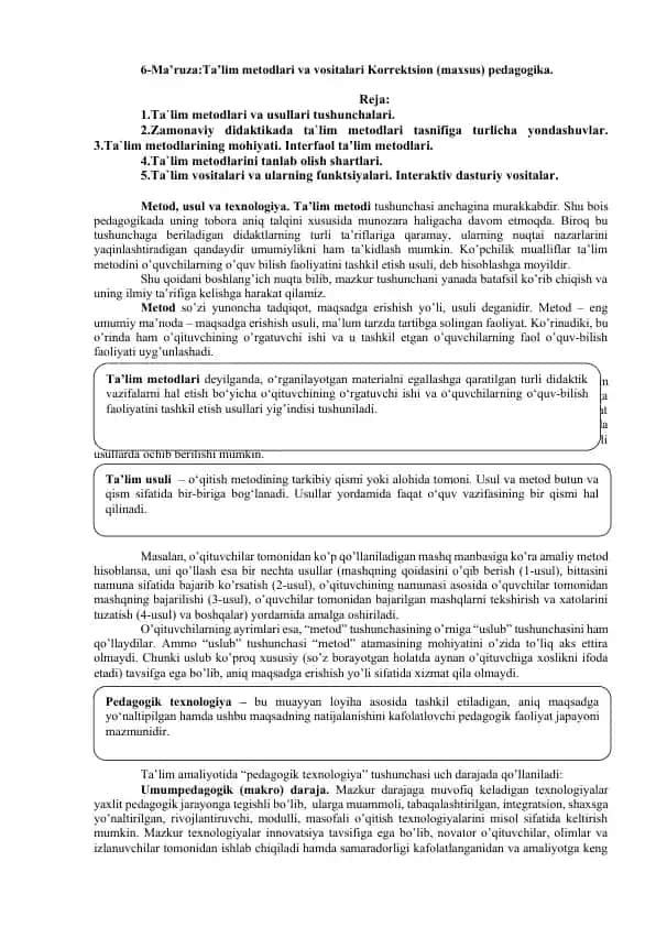 Ta’lim Metodlari va Vositalari Korrektsion