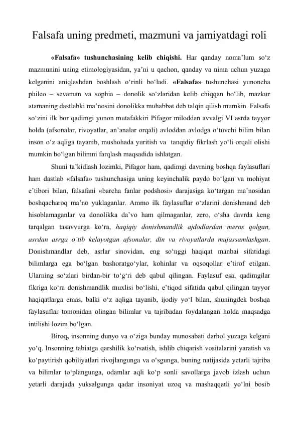 Falsafa uning predmeti, mazmuni va jamiyatdagi roli