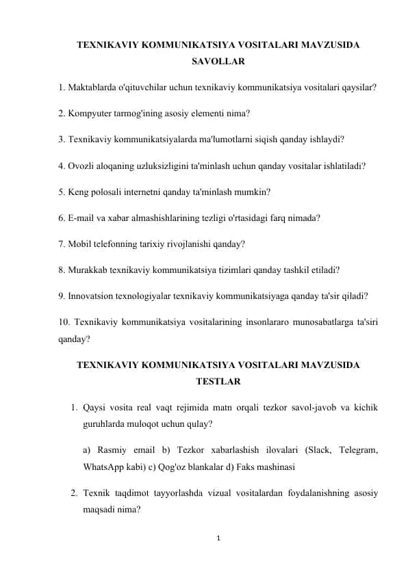 TEXNIKAVIY KOMMUNIKATSIYA VOSITALARI
