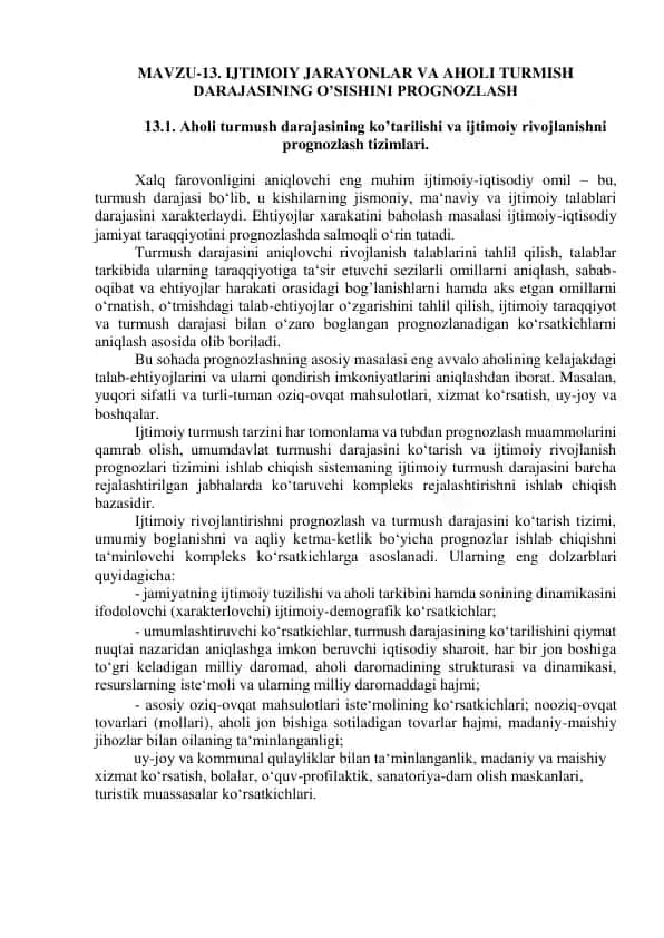 Turmush darajasi va aholi turmish darajasini prognozlash