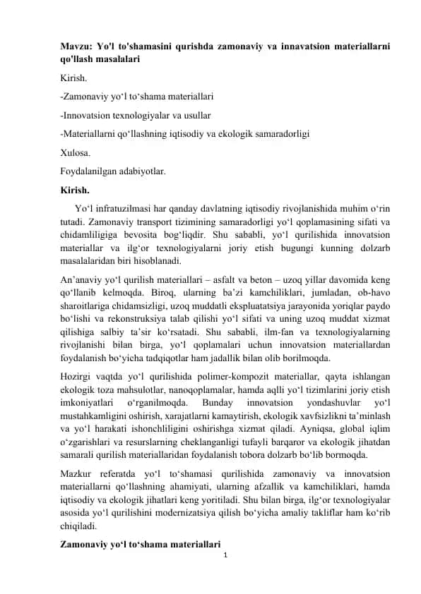 Zamonaviy yo'l to'shamasini qurishda zamonaviy va innavatsion materiallarni qo'llash masalalari