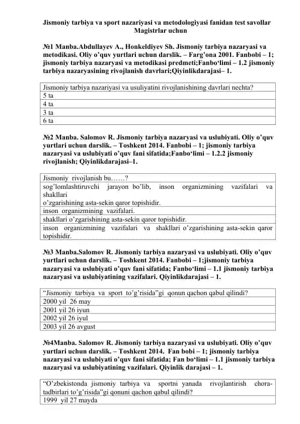Jismoniy tarbiya va sport nazariyasi va metodologiyasi fanidan test savollar