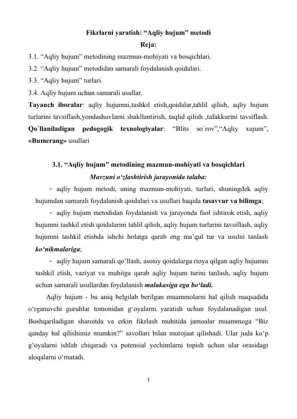 "Aqliy hujum" metodining tavsifi