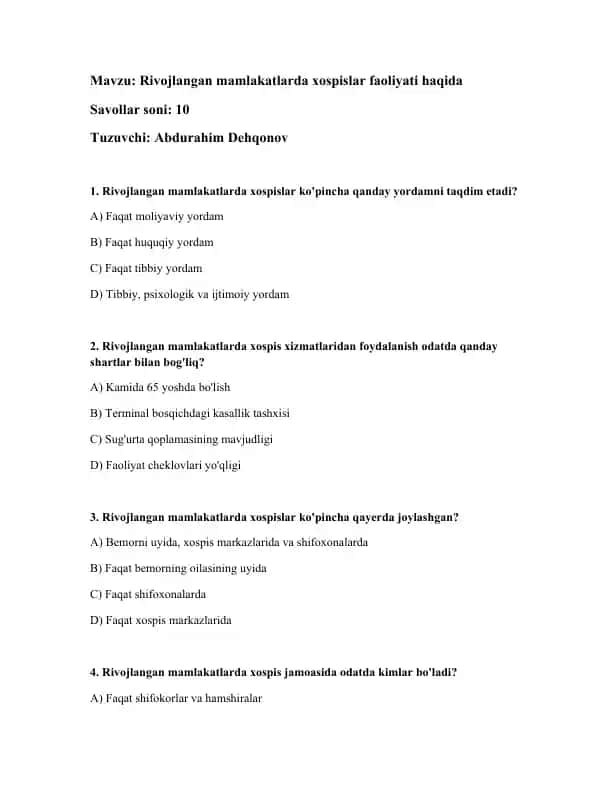 Rivojlangan mamlakatlarda xospislar faoliyati haqida