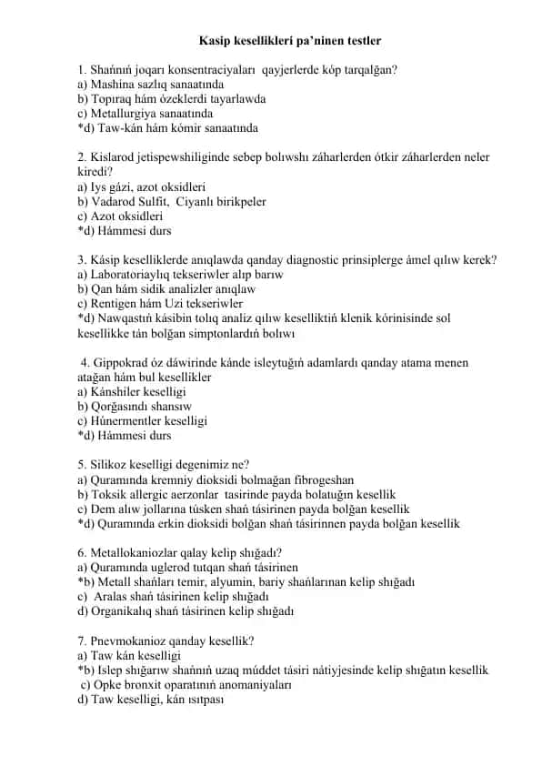 Kasip kesellikleri pa’ninen testler