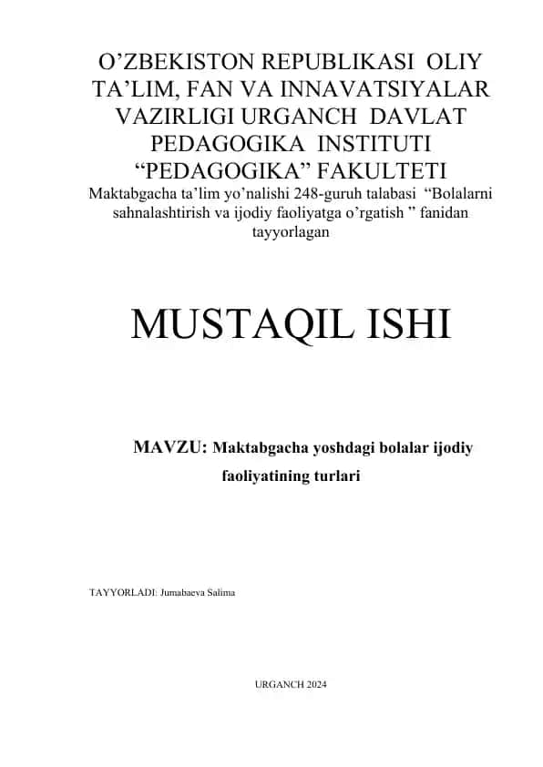 Maktabgacha yoshdagi bolalar ijodiy faoliyatining turlari