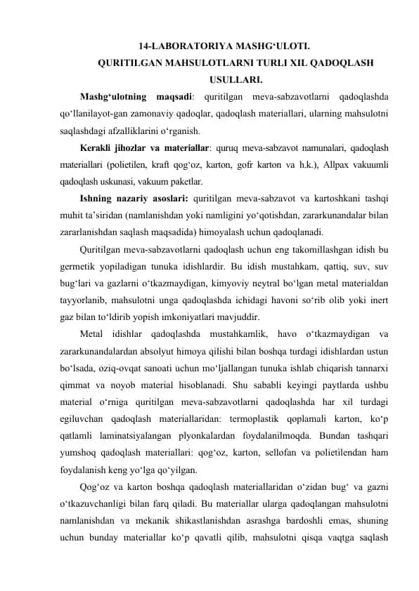 Laboratoriya mashg‘uloti - Quritilgan mahsulotlarni qadoqlash usullari