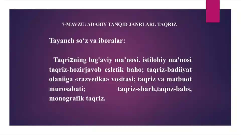 Adabiy tanqid janrlari taqrizi