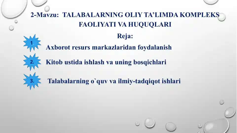 Talabalarning oliy ta'limda kompleks faoliyati va huquqlari