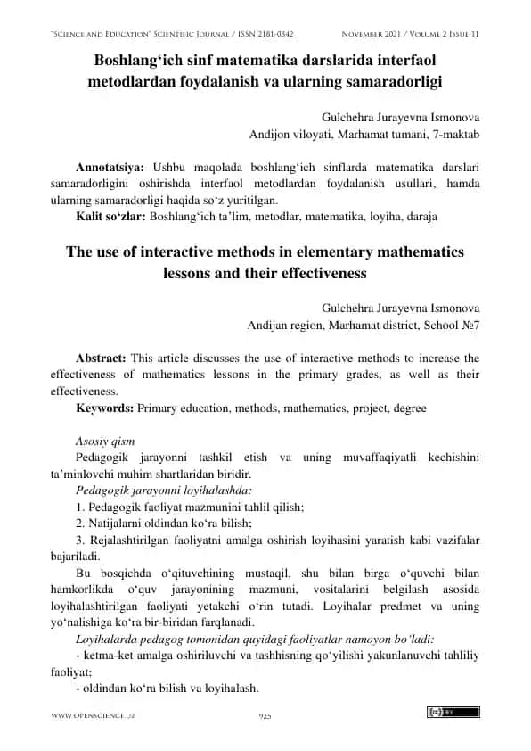 Interfaol Metodlar bilan Boshlang'ich Matematika Darslari