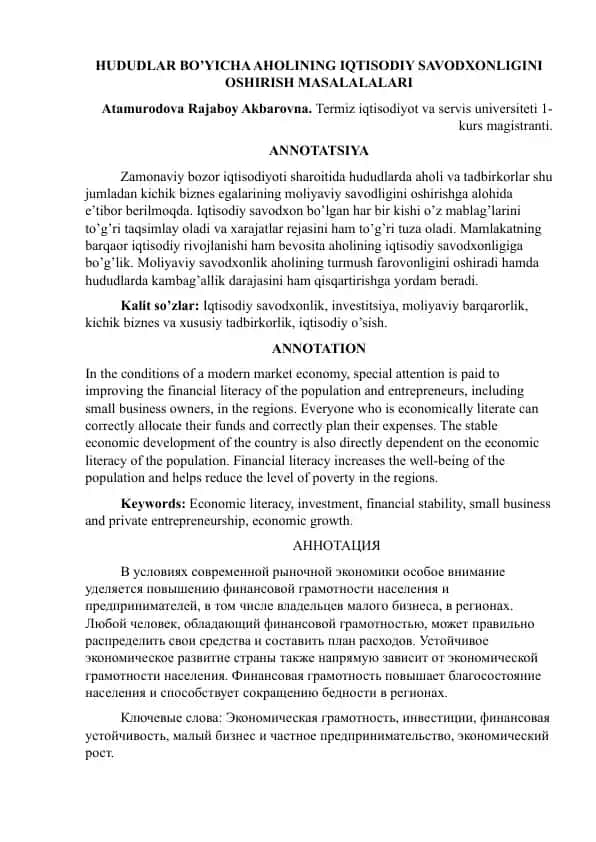 Moliyaviy savodxonlikni oshirish loyihalari va “Finlit.uz” axborot-ta'lim resursi
