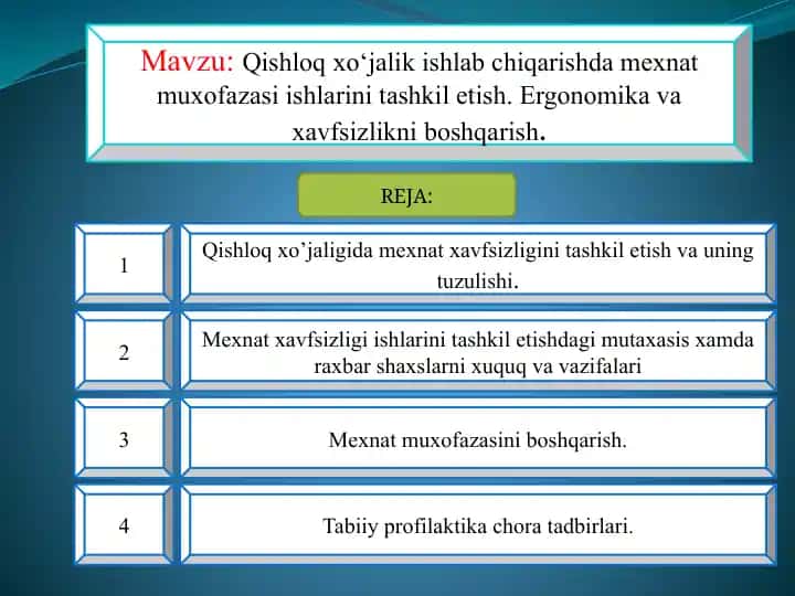 Qishloq xo‘jalik ishlab chiqarishda mexnat muxofazasi ishlarini tashkil etish. Ergonomika va xavfsizlikni boshqarish
