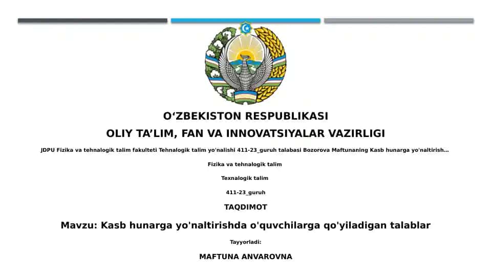Kasb hunarga yo'naltirishda o'quvchilarga qo'yiladigan talablar