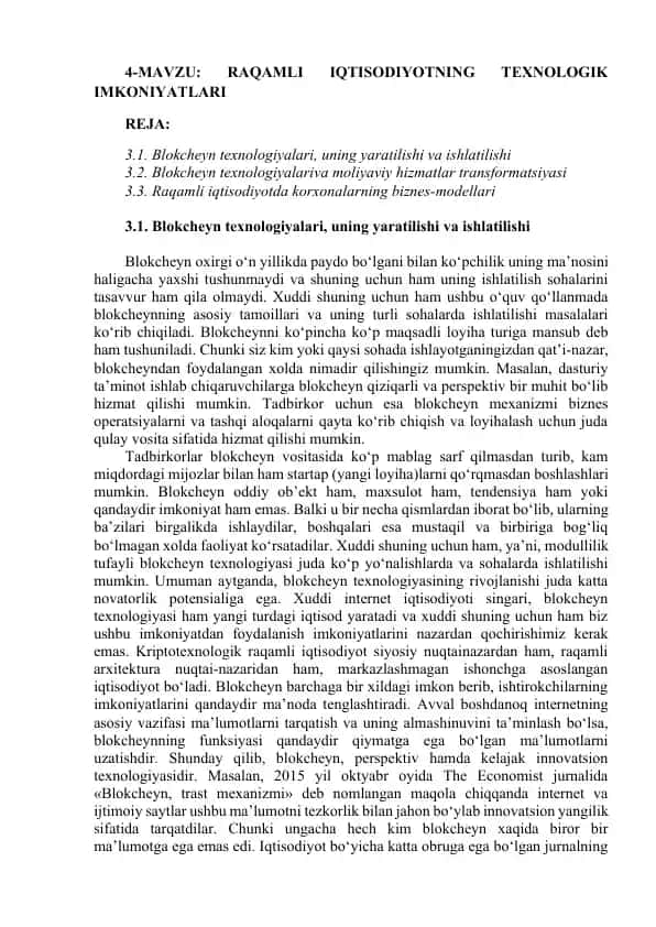 RAQAMLI IQTISODIYOTNING TEXNOLOGIK IMKONIYATLARI
