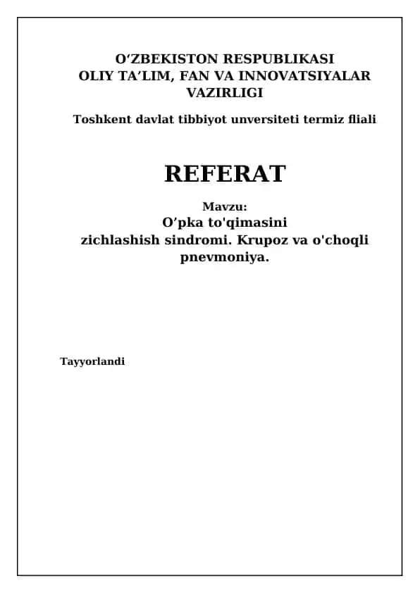 Pnevmoniya - O'pka to'qimasining yallig'lanish kasalligi