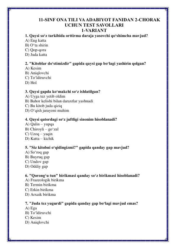 11-sinf Ona Tili va Adabiyot fanidan 2-chorak uchun test savollari