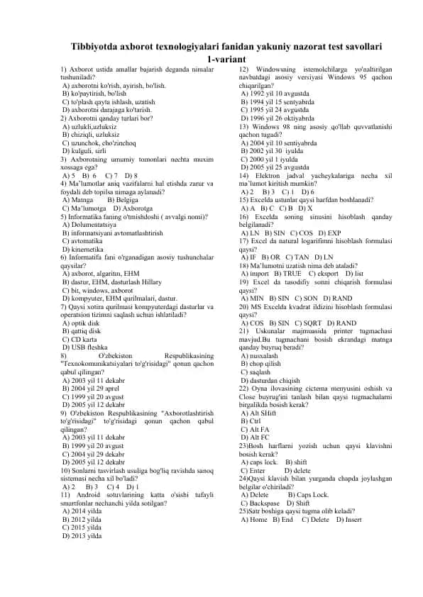 Tibbiyotda axborot texnologiyalari fanidan yakuniy nazorat test savollari