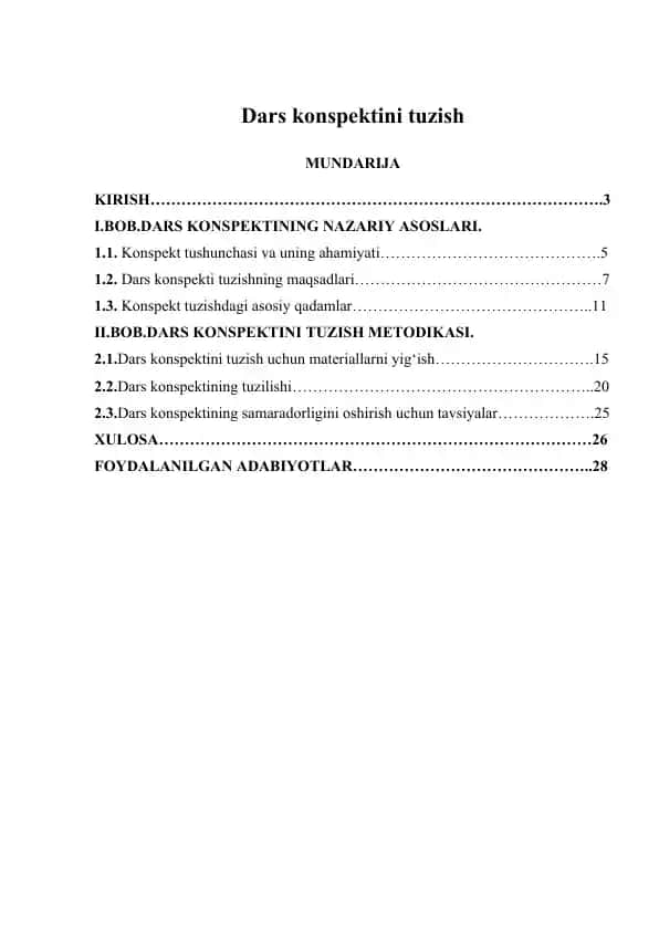 Dars konspektini tuzish