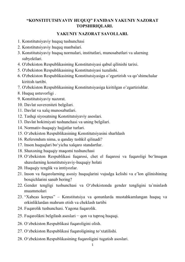 KONSTITUTSIYAVIY HUQUQ fanidan yakuniy nazorat topshiriqlari va kazuslari