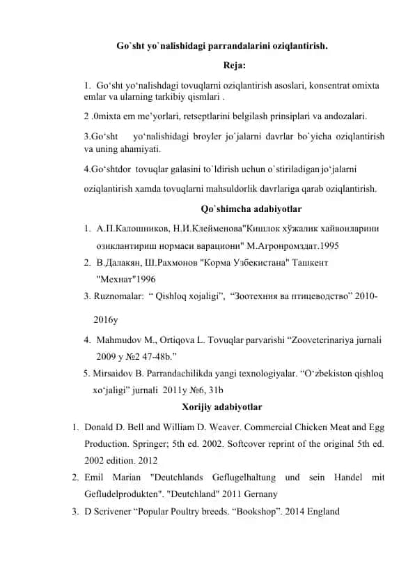 Go‘sht yo‘nalishidagi broyler jo`jalarni davrlar bo‘yicha oziqlantirish va uning ahamiyati