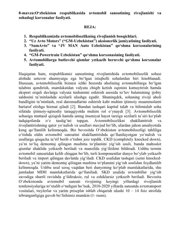 Avtomobil Sanoati va Korxonalar Faoliyati O‘zbekistonda