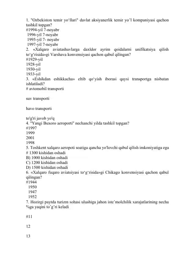 Turizmda transport test savollari