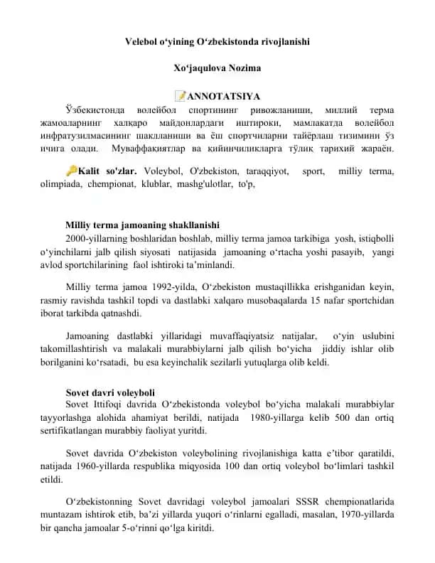 Voleybol oʻyining Oʻzbekistonda rivojlanishi