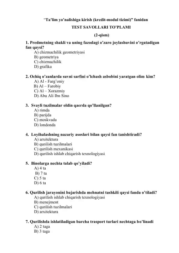 Ta’lim yo’nalishiga kirish (kredit-modul tizimi) fanidan test savollari to‘plami (2-qism)