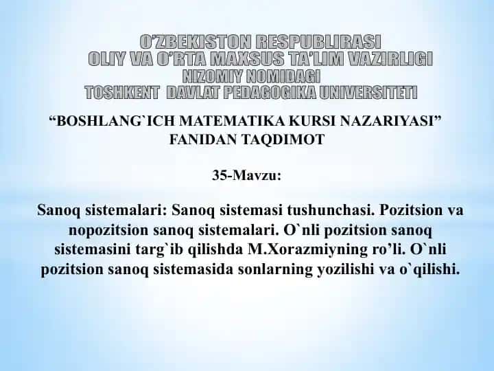 BOSHLANG`ICH MATEMATIKA KURSI NAZARIYASI