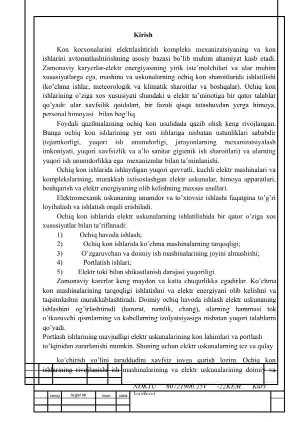 Ochiq kon ishlarining yer osti ishlariga nisbatan ustunliklari haqida kurs loyihasi.
