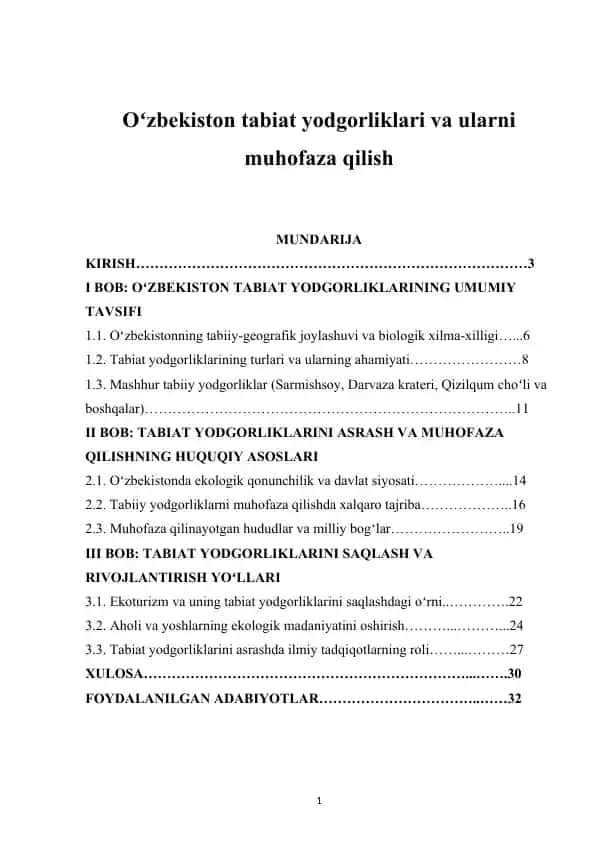 O‘zbekiston tabiat yodgorliklari va ularni muhofaza qilish