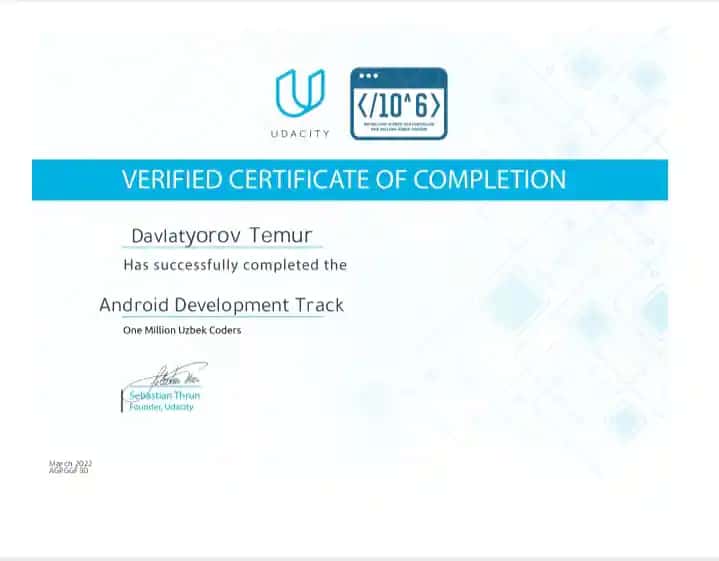 Udacity Verified Certificate of Completion