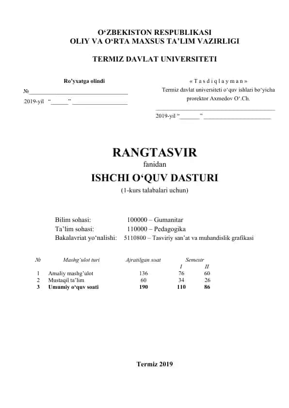 Ishchi o‘quv dasturi Rangtasvir fanidan