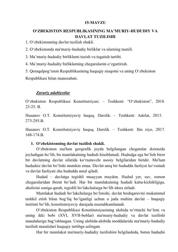 O‘zbekiston Respublikasining Ma’muriy-hududiy va Davlat Tuzilishi