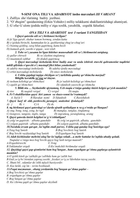 9-SINF ONA TILI VA ADABIYOT insho mavzulari III VARIANT