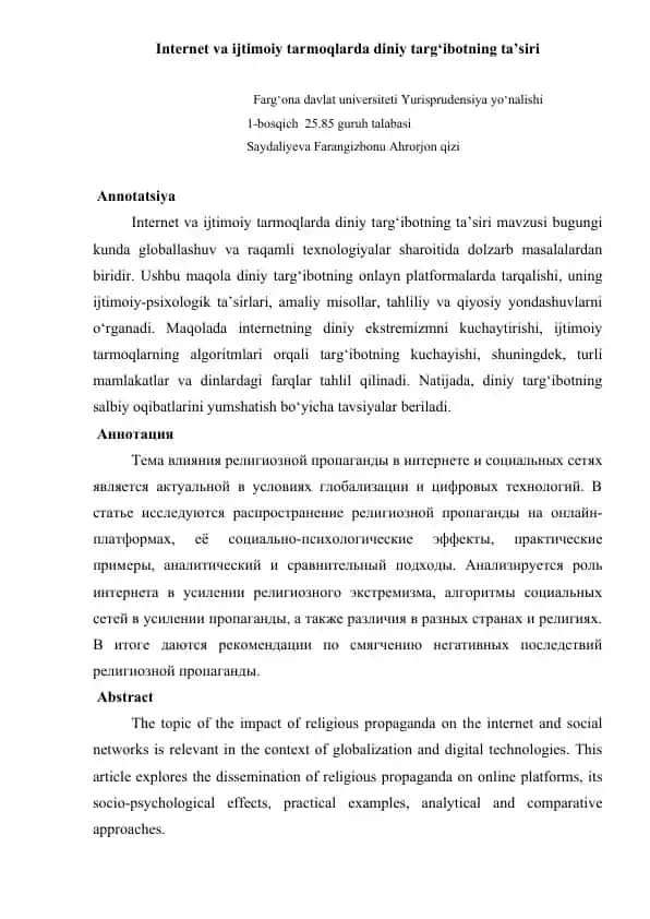 Internet va ijtimoiy tarmoqlarda diniy targ‘ibotning ta’siri