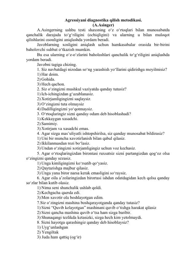 Agressiyani diagnostika qilish metodikasi