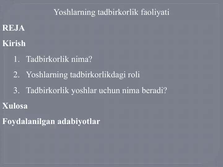 Yoshlarning tadbirkorlik faoliyati