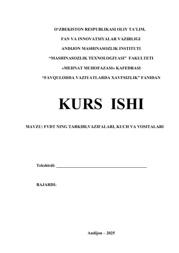Favqulodda Vaziyatlarda Xavfsizlik Fanidan Kurs Ishi