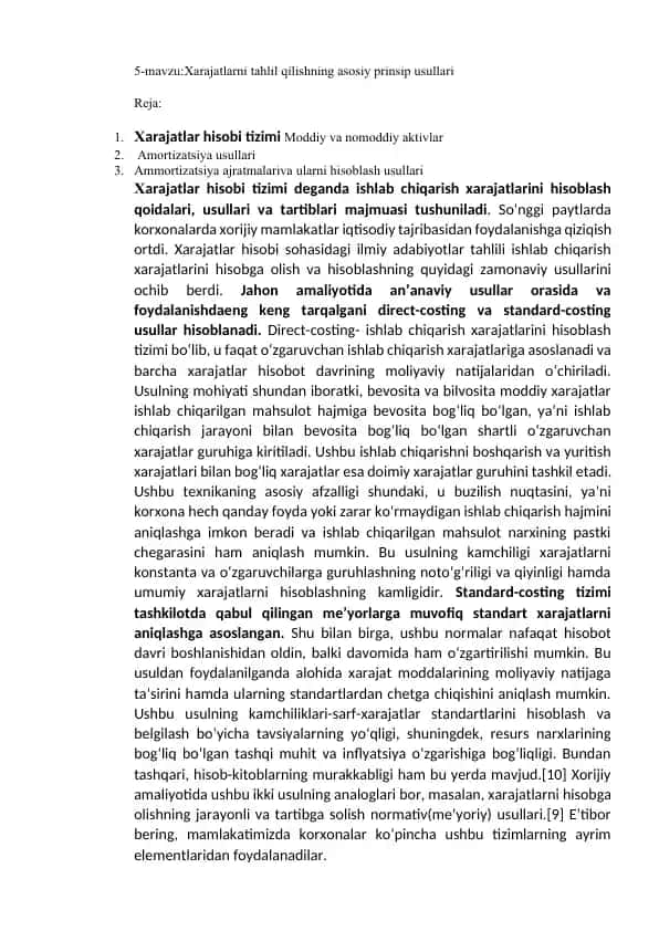 Xarajatlarni tahlil qilishning asosiy prinsip usullari