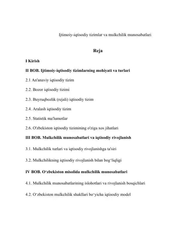Ijtimoiy-iqtisodiy tizimlar va mulkchilik munosabatlari