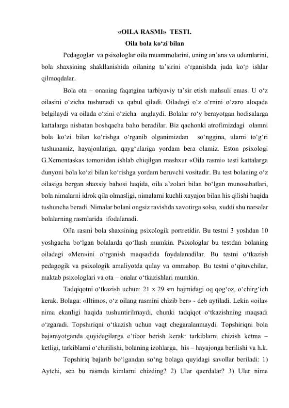 OILA RASMI TESTI