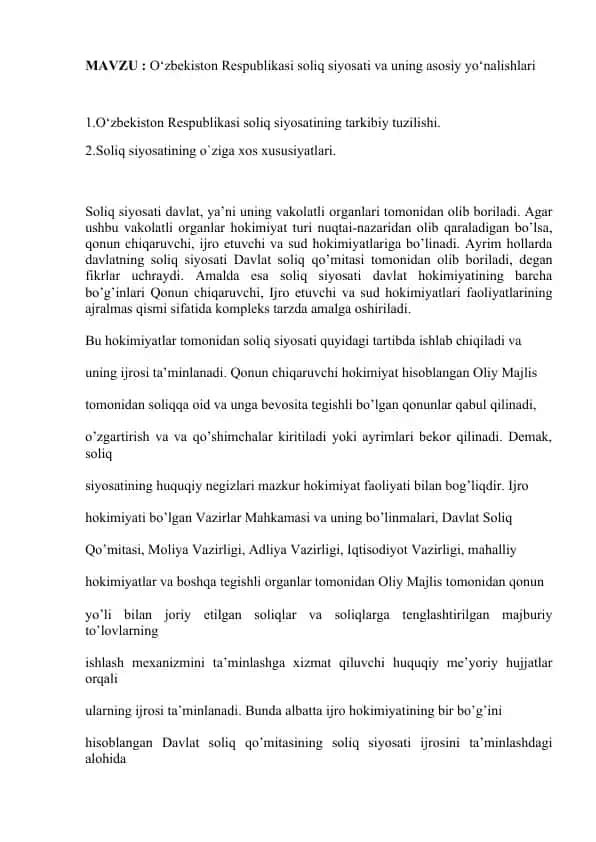O‘zbekiston Respublikasi soliq siyosati va uning asosiy yo‘nalishlari